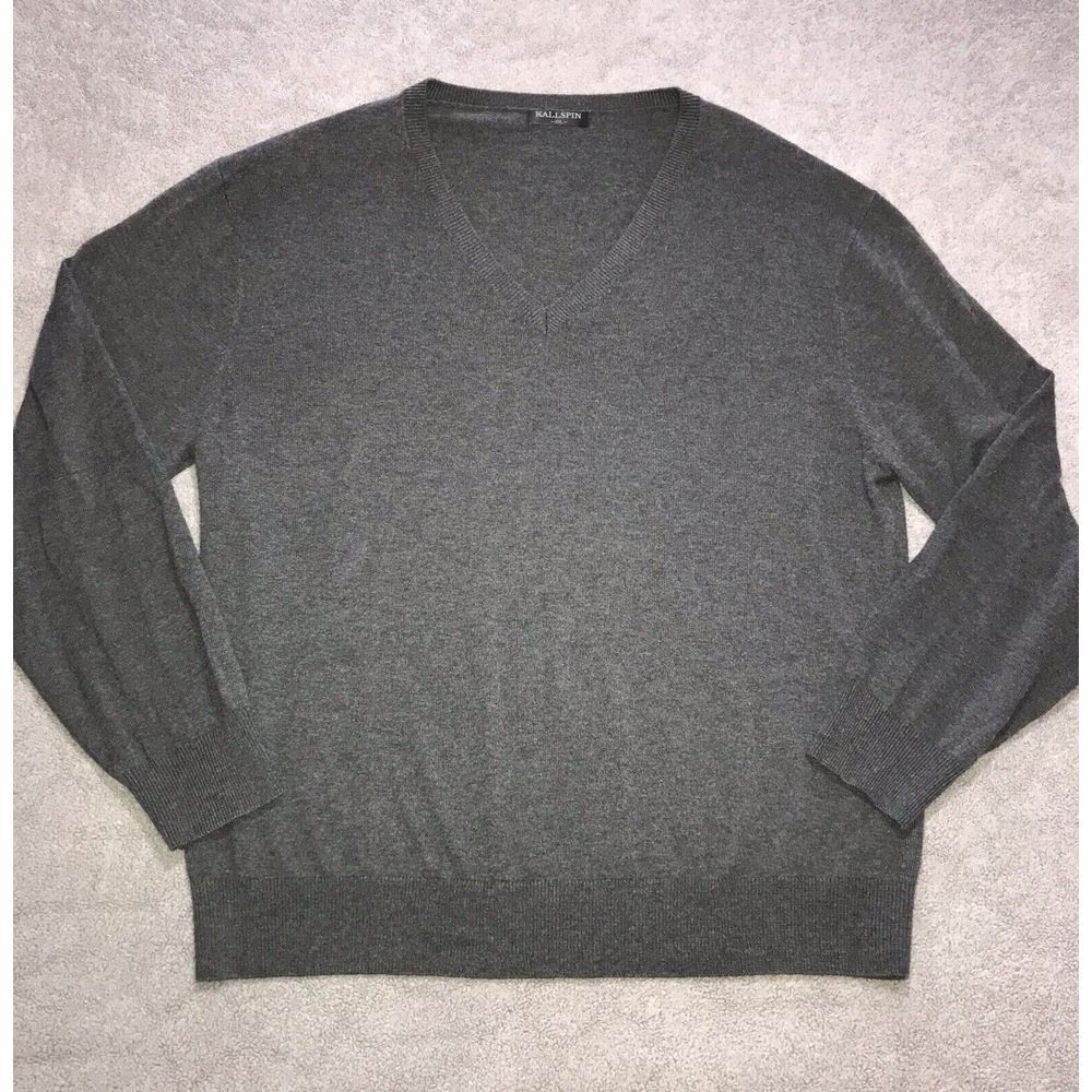 Kallspin Mens 2XL Gray Wool Blend V‎ Neck Pullover Sweater XXL